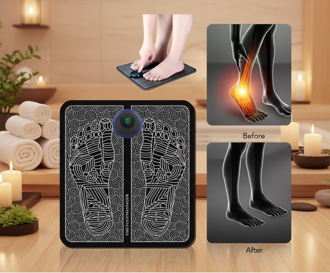 Electromagnetic therapy device for foot pain relief with before and after images.