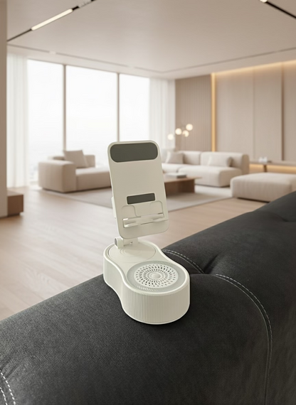 White electronic device on a gray sofa with floral wallpaper in the background