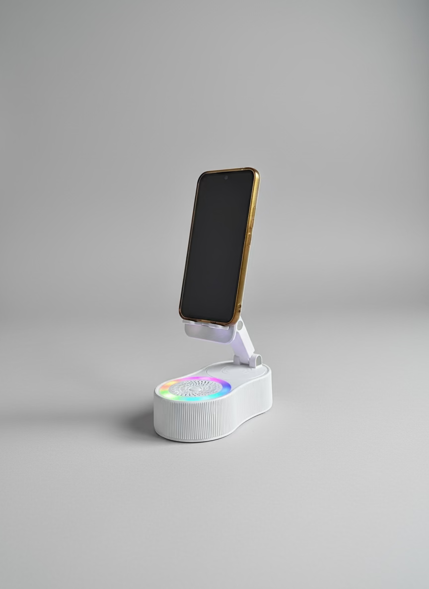 Phone stand with colorful LED light on a couch