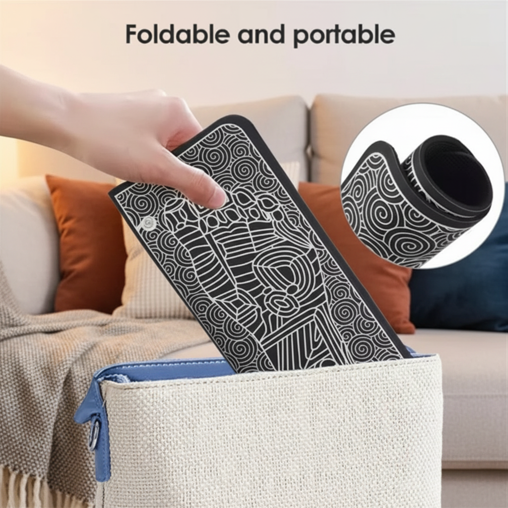 Foldable and portable black patterned container being placed into a beige bag with text 'Foldable and portable'.