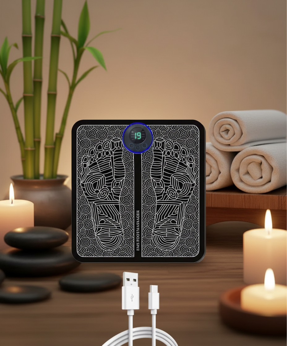 Rectangular electronic device with geometric design and digital display, accompanied by a USB cable on a white background.