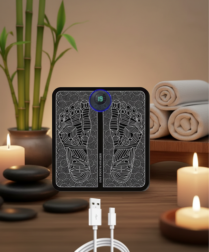 Rectangular electronic device with geometric design and digital display, accompanied by a USB cable on a white background.