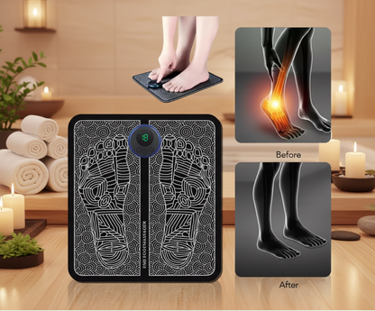 Electromagnetic therapy device for foot pain relief with before and after images.