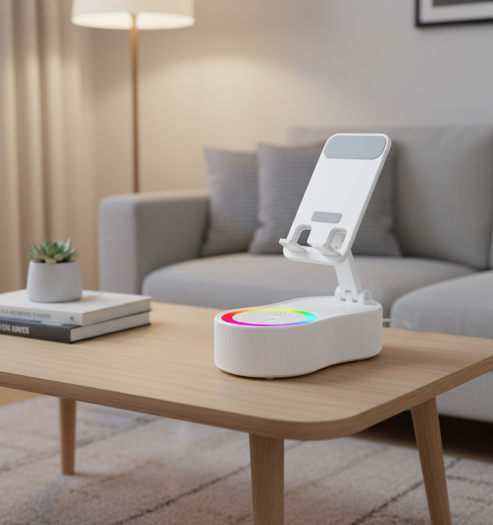 White electronic device with a colorful light on a white background