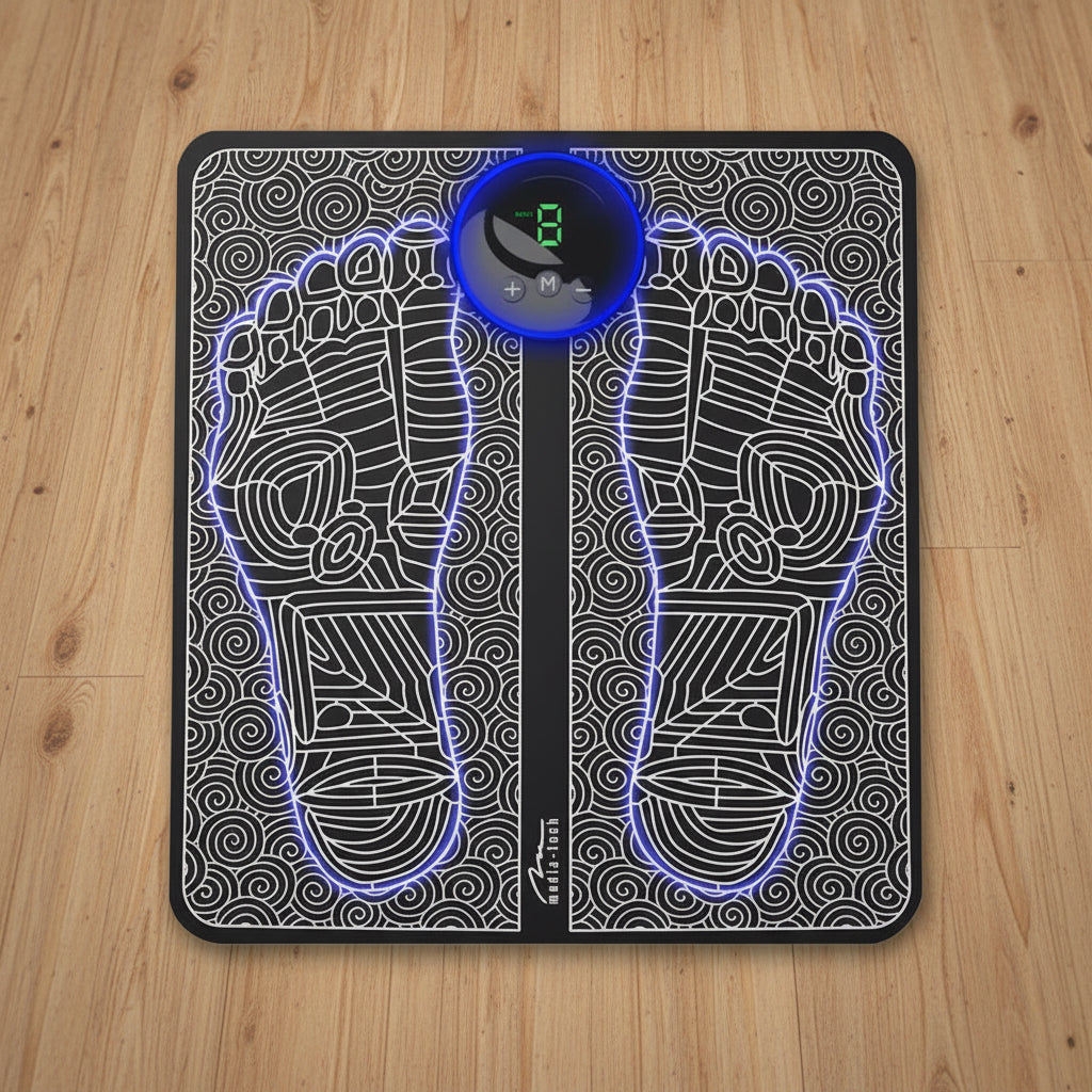 Digital bathroom scale with footprints design on a white background