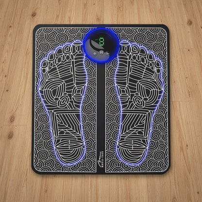 Digital bathroom scale with footprints design on a white background