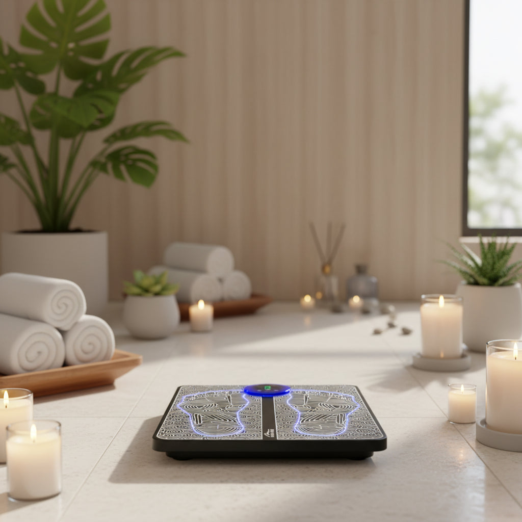 Digital bathroom scale with footprints design on a white background