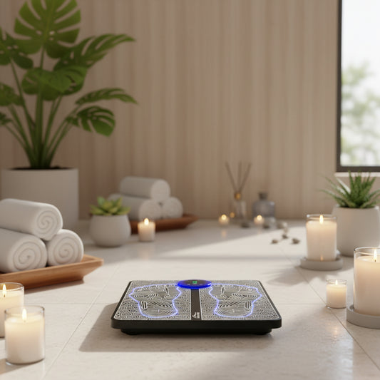 Digital bathroom scale with footprints design on a white background